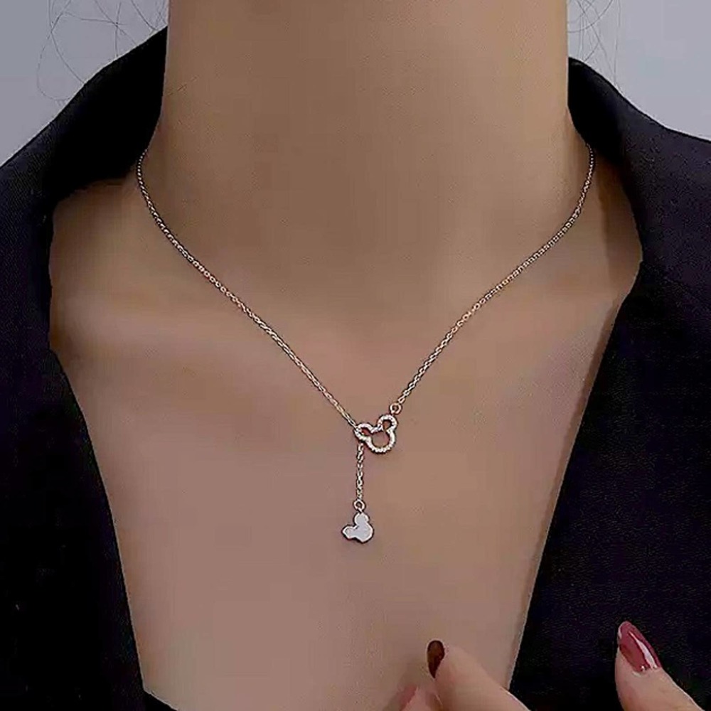 Sterling Silver Rhinestone Mickey Mouse Dangle Charm Pendant Necklace